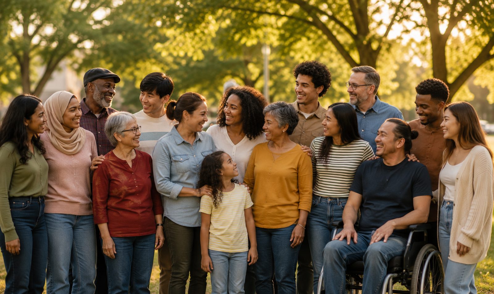 A multigenerational, diverse group of community members gathered together outdoors