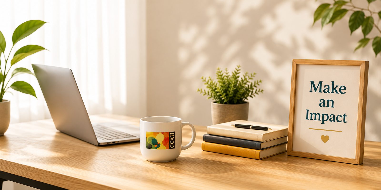 A bright desk workspace with a CCAH mug and a framed print reading Make an Impact