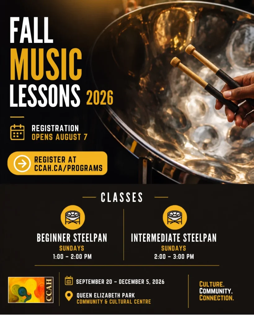 Flyer for the CCAH Fall Music Program steelpan classes, September to December 2026